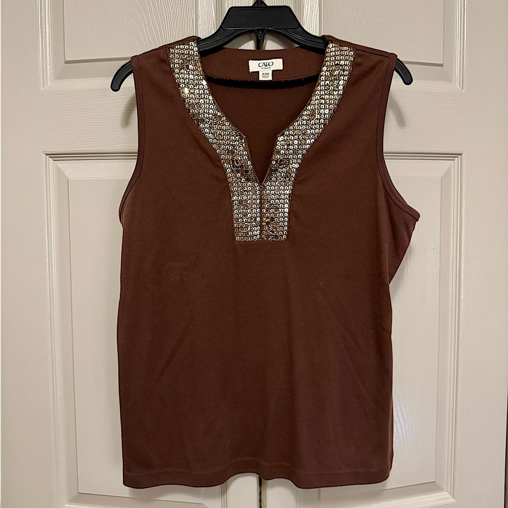 Cato Brown Sleeveless Gold Sequin V-Neck Collar Top